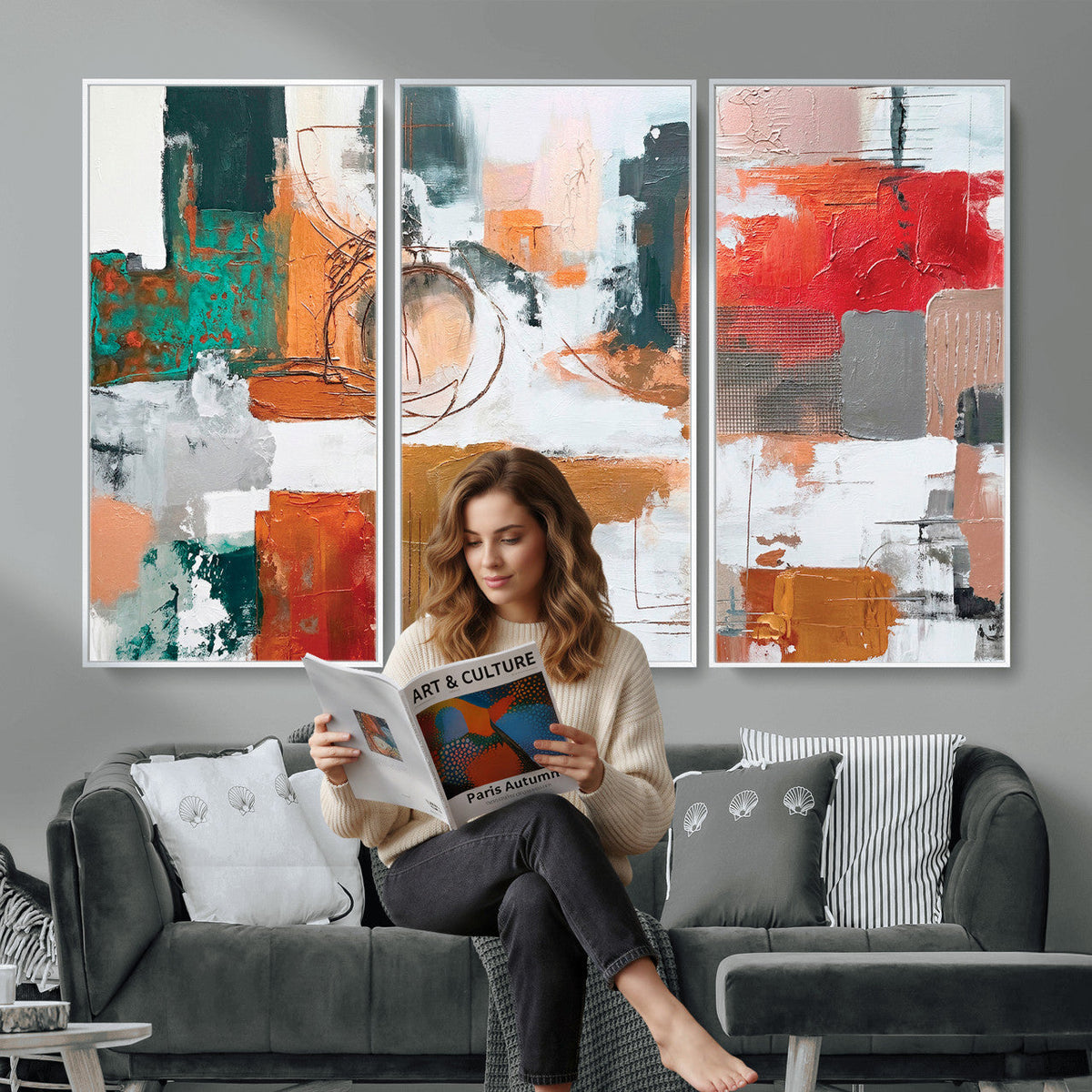 Blue Teal Abstract Canvas Wall Art, Modern Brushstroke Style Print, Navy Orange Contemporary Decor