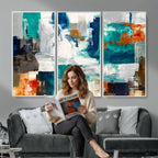 Blue Teal Abstract Canvas Wall Art, Modern Brushstroke Style Print, Navy Orange Contemporary Decor