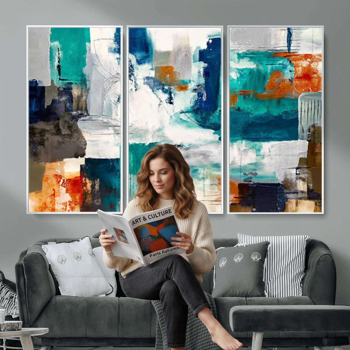 Blue Teal Abstract Canvas Wall Art, Modern Brushstroke Style Print, Navy Orange Contemporary Decor
