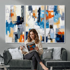 Blue Teal Abstract Canvas Wall Art, Modern Brushstroke Style Painting Print, Navy Orange Contemporary Decor