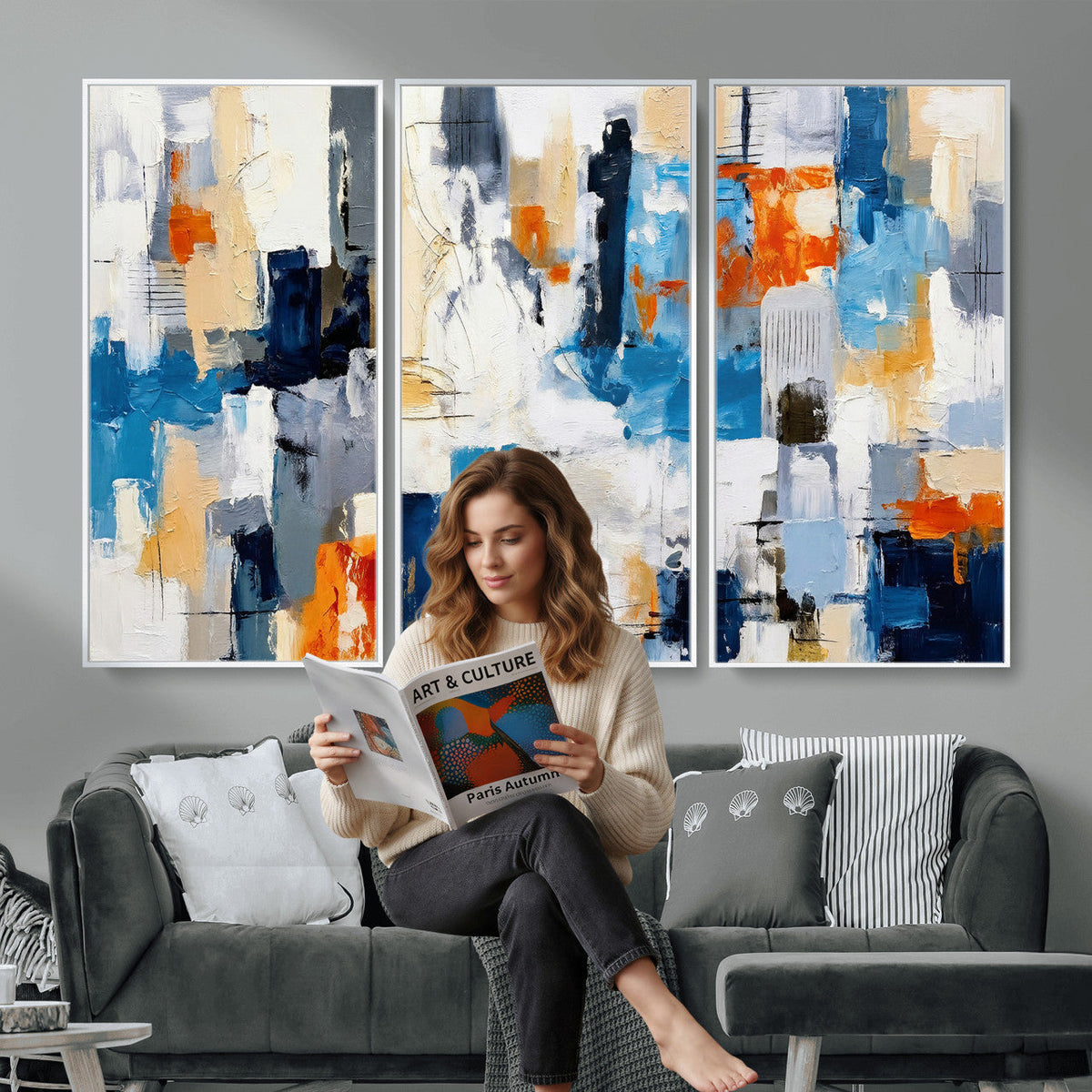 Blue Teal Abstract Canvas Wall Art, Modern Brushstroke Style Painting Print, Navy Orange Contemporary Decor