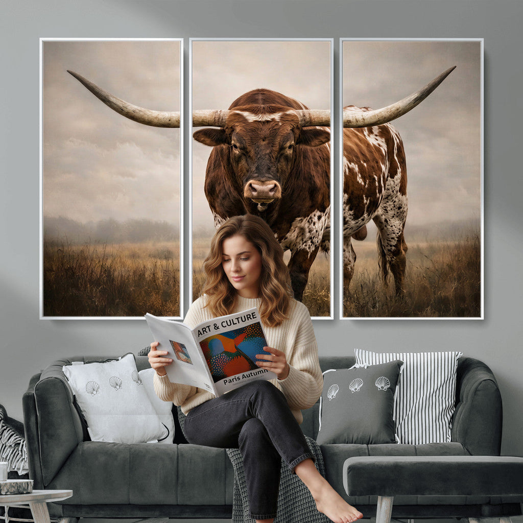 Texas Longhorn Wall Art Canvas Print | Brown Horned Bull Rustic Western Decor