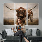 Texas Longhorn Wall Art Canvas Print | Brown Horned Bull Rustic Western Decor