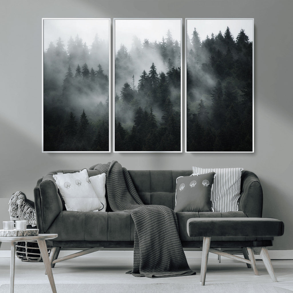 Foggy Forest Wall Art Canvas Print | 3 Panel Large Misty Landscape