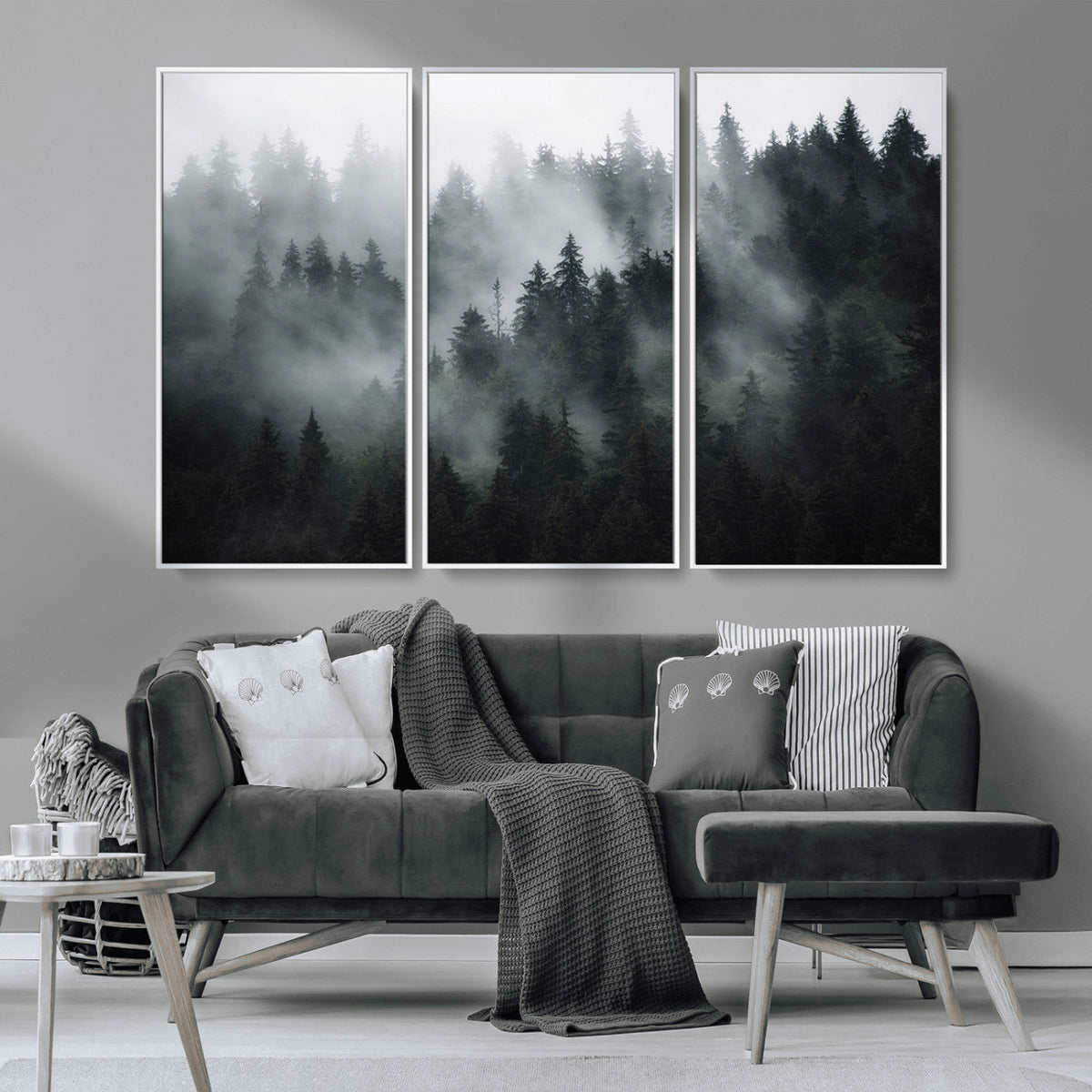 Foggy Forest Wall Art Canvas Print | 3 Panel Large Misty Landscape