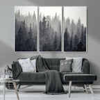 Misty Forest Canvas Wall Art | Monochrome Triptych Pine Tree Print