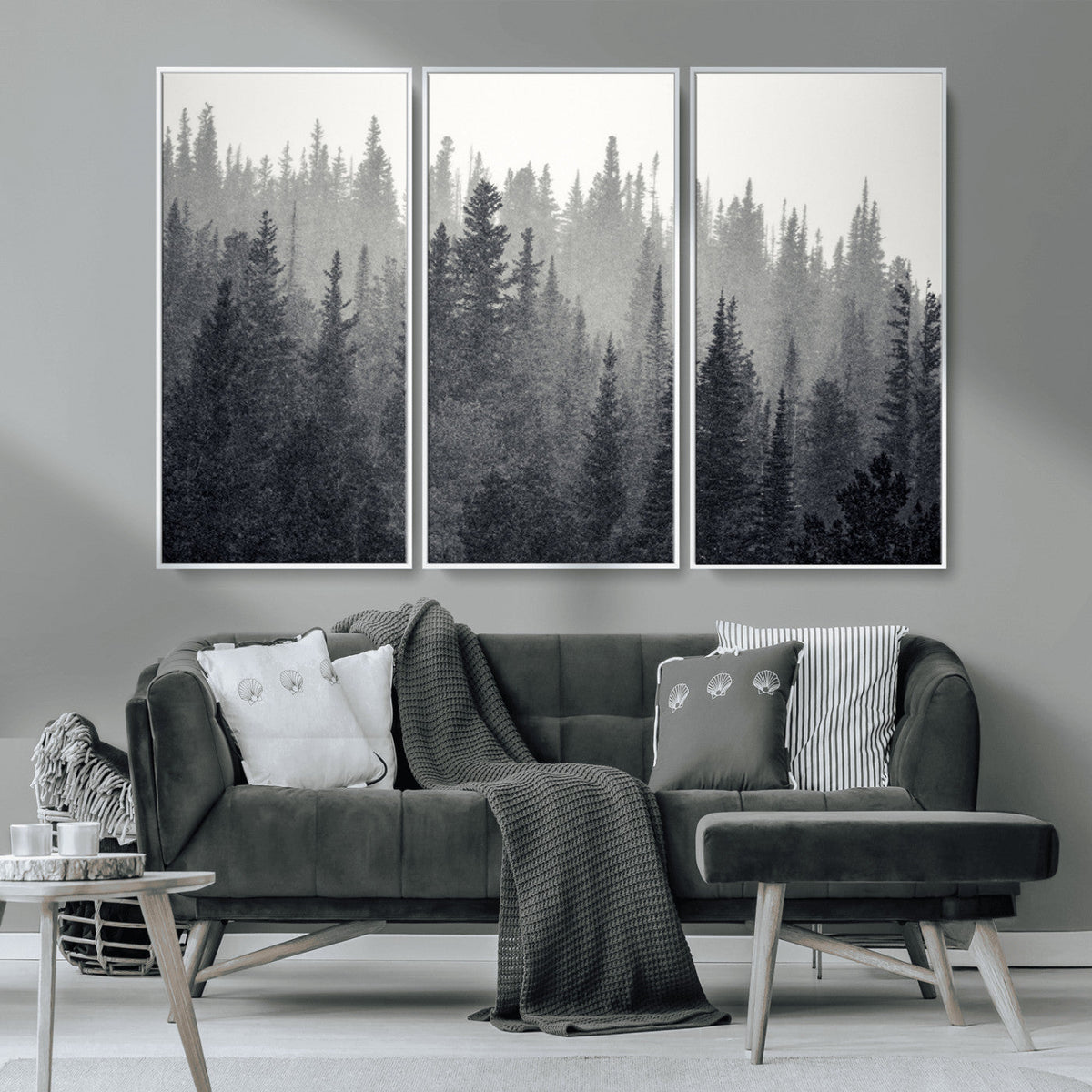 Misty Forest Canvas Wall Art | Monochrome Triptych Pine Tree Print