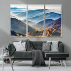 Misty Mountain Sunrise Triptych Canvas Print | Autumn Landscape Wall Art