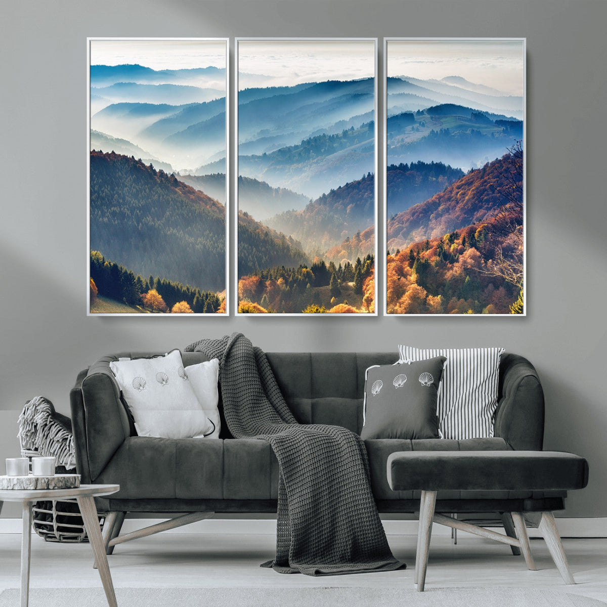 Misty Mountain Sunrise Triptych Canvas Print | Autumn Landscape Wall Art