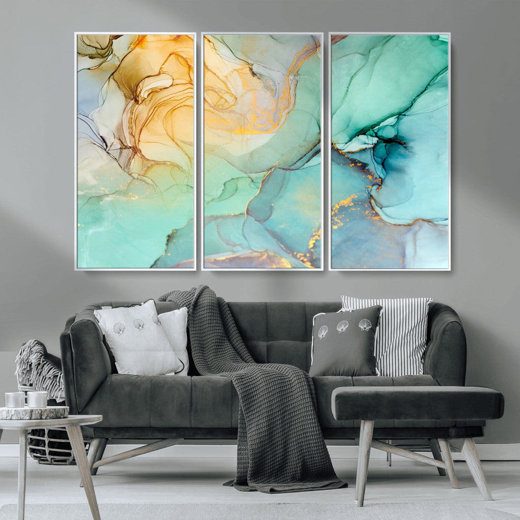 Abstract Aqua and Gold Fluid Wall Art Canvas | 3 Panel Large Canvas Print