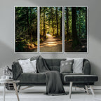 Sunlit Forest Pathway Canvas Print | 3 Panel Large Nature Wall Art