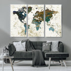 Vintage World Map Wall Art Canvas Print, Framed Rustic Earth Tone Map