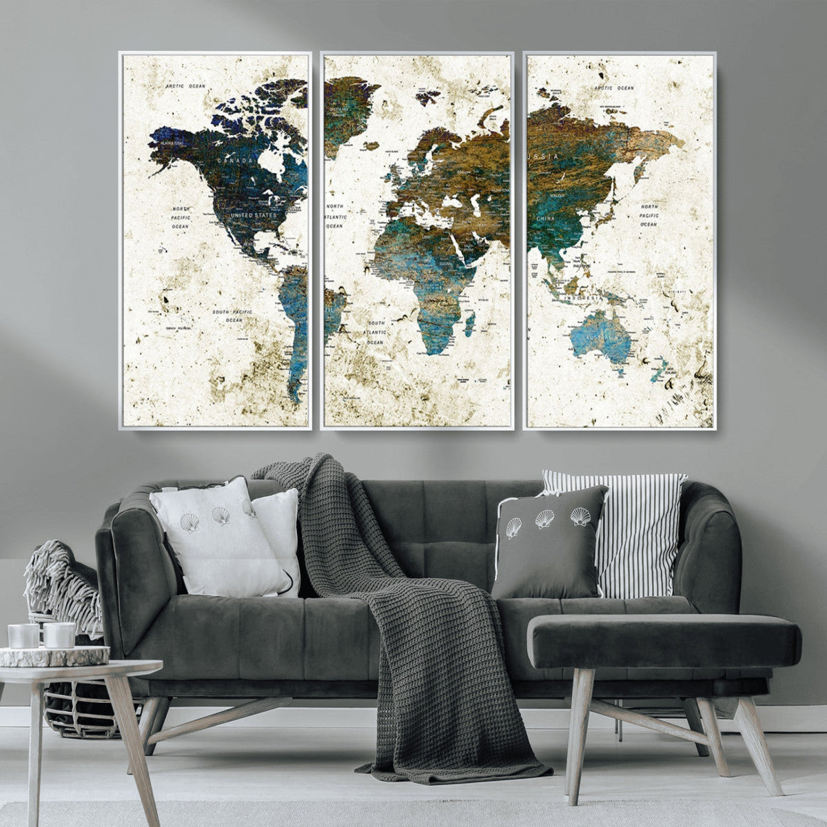 Vintage World Map Wall Art Canvas Print, Framed Rustic Earth Tone Map