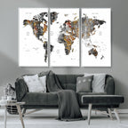 Modern Metallic World Map Canvas Wall Art | Framed Contemporary World Map Print