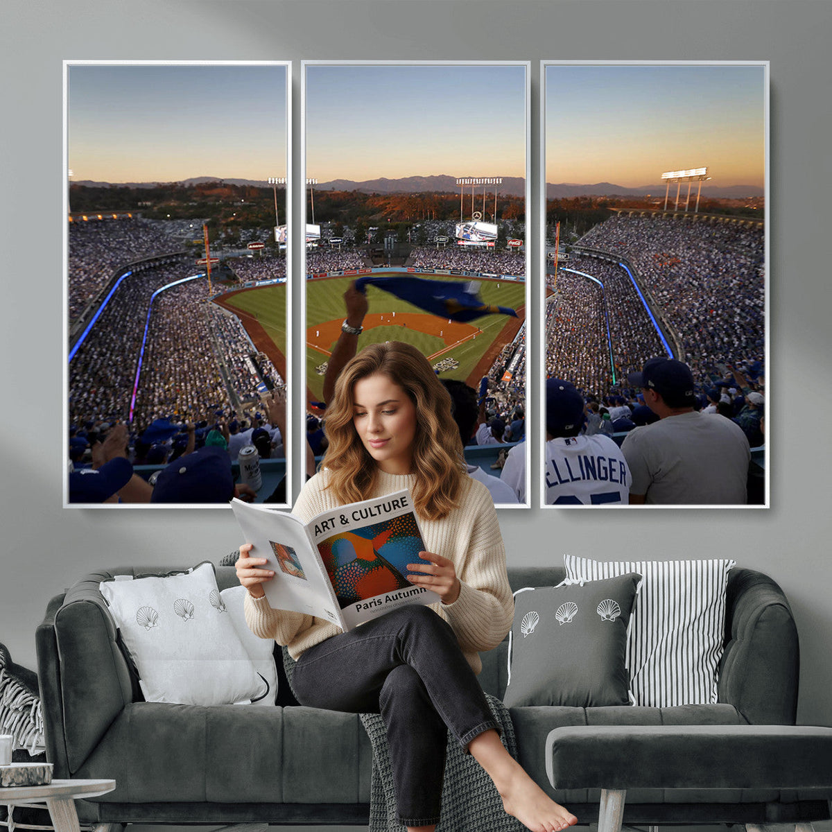 Dodger Stadium Sunset Game Triple Canvas Wall Art, Los Angeles Dodgers MLB Match