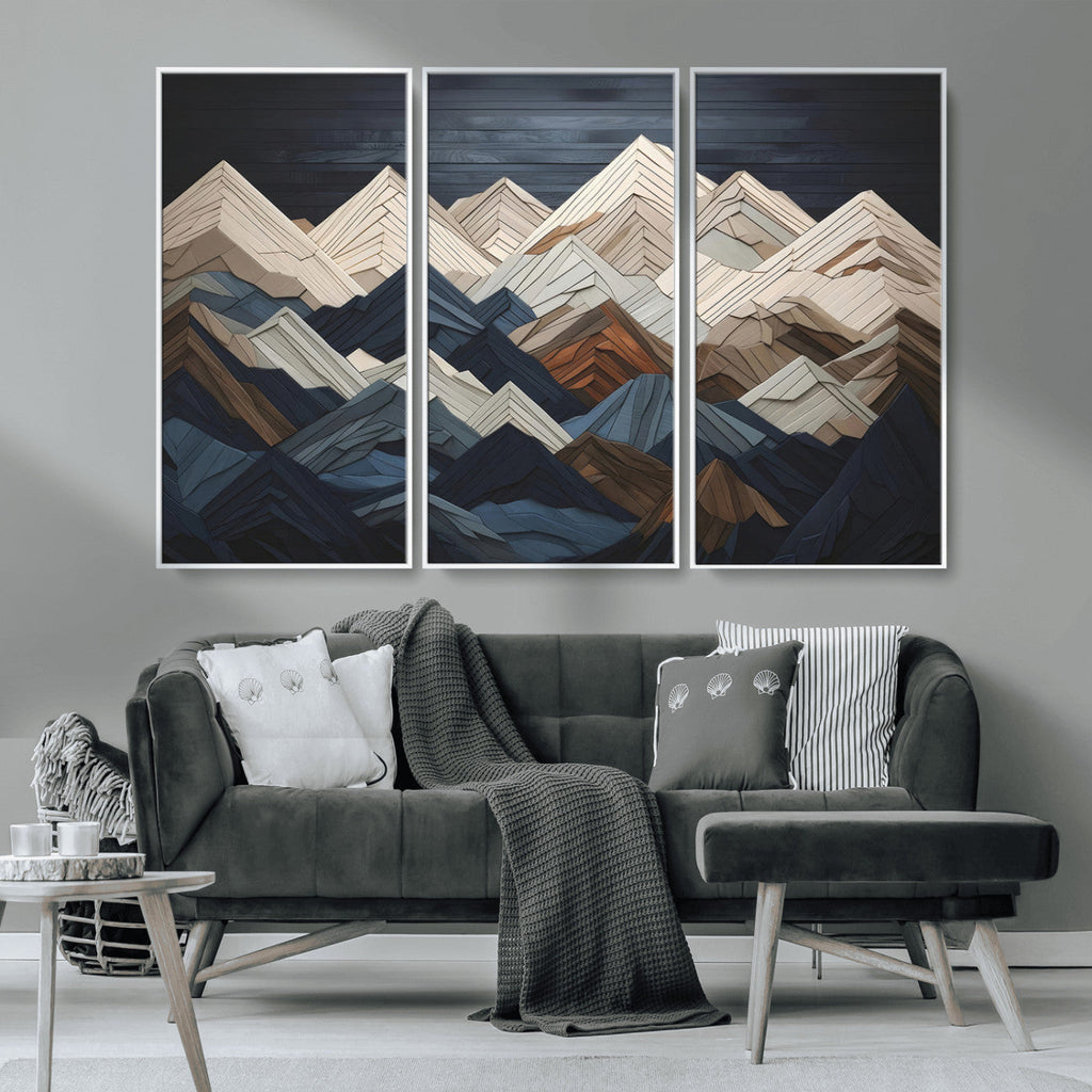 Rustic Mountain Landscape Wall Art Canvas Print, Framed 3D Wooden Effect Mountain Art