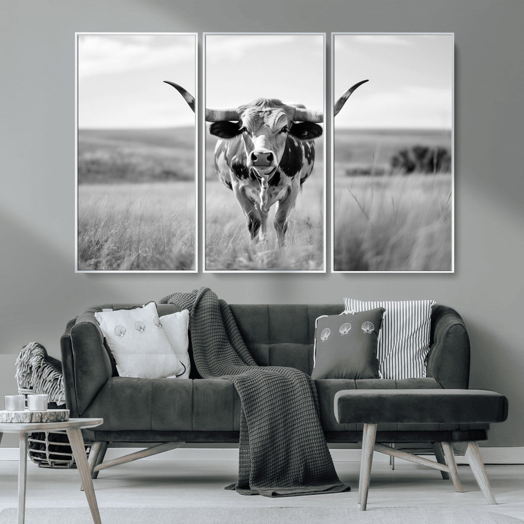 Texas Cow Longhorn Wall Art Canvas Print for Farm House Wall Art, Framed and Ready to Hang