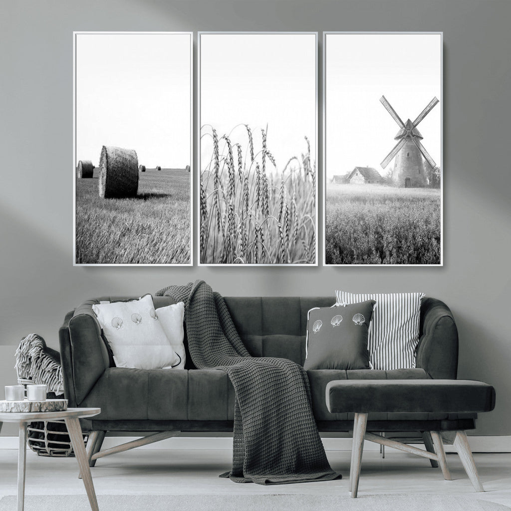Vintage Farmhouse Black and White Triptych Wall Art, Giclee Canvas with Wheat Fields, Hay Bales and Windmill