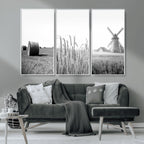 Vintage Farmhouse Black and White Triptych Wall Art, Giclee Canvas with Wheat Fields, Hay Bales and Windmill