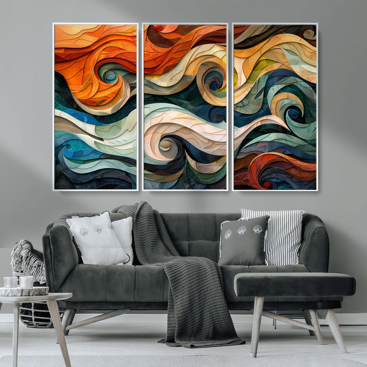 Abstract Wave Wall Art, Ready to Hang Framed Canvas Print | Extra Large 3 Piece Canvas Wall Art