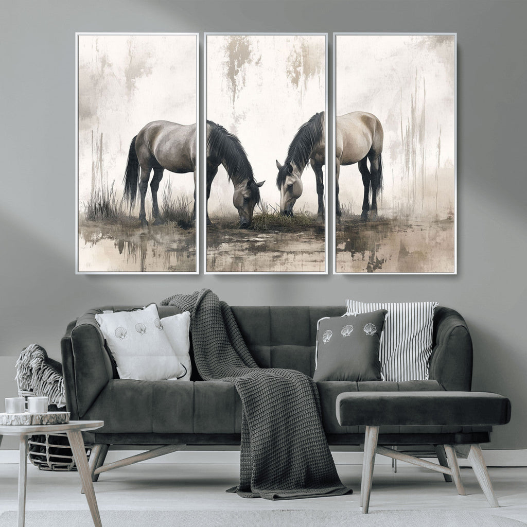 Chinese Ink Style Vintage Horses Wall Art Canvas Print