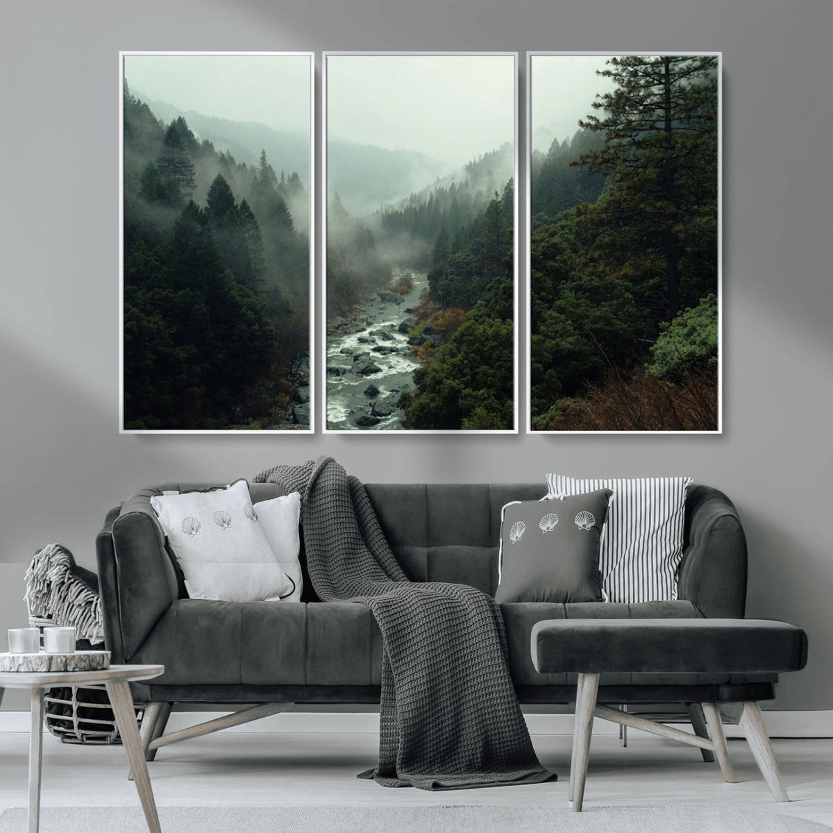 Misty Forest Wall Art, Tranquil Nature Landscape, Ready to Hang | Extra Large 3 Piece Canvas Wall Art
