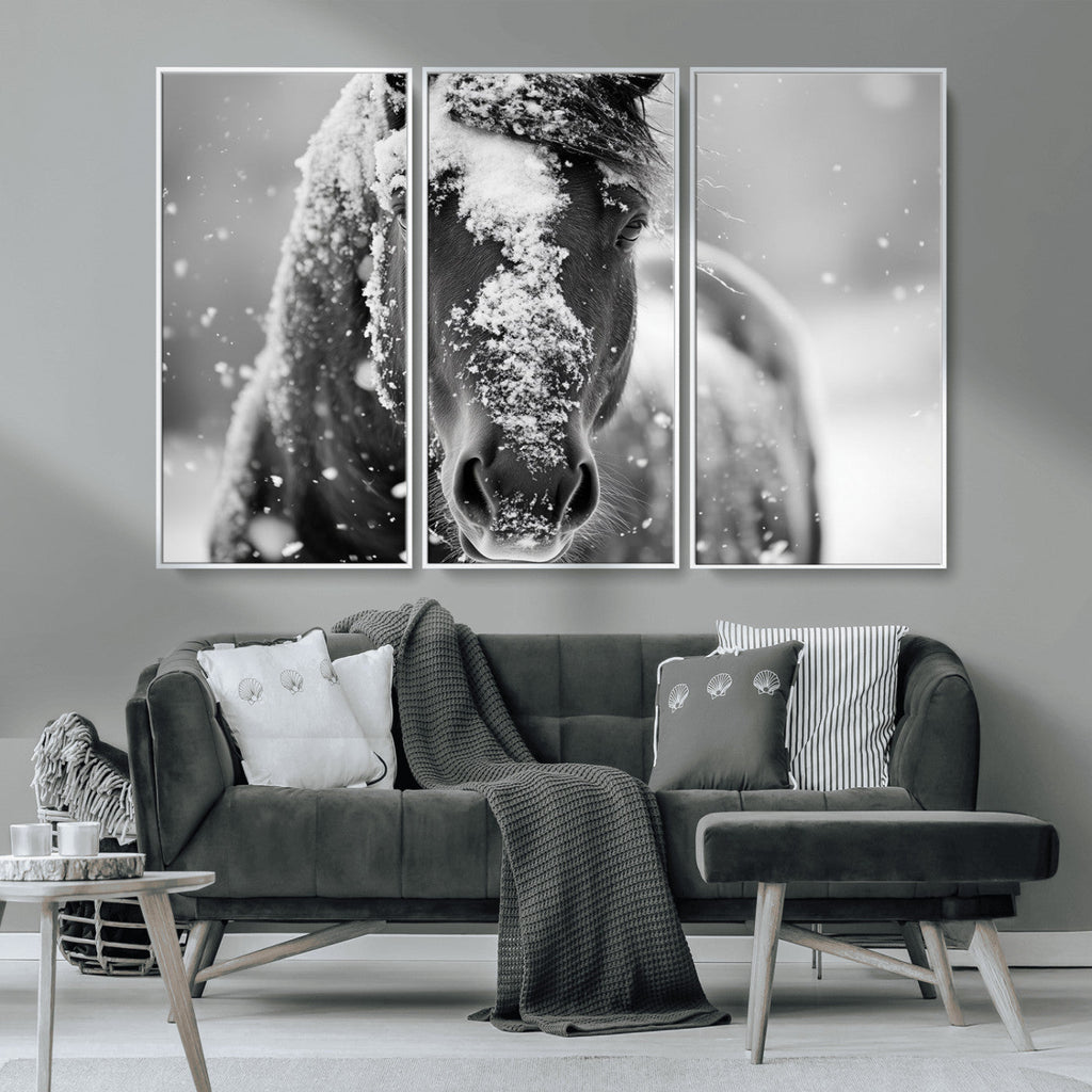 Black and White Horse Winter Wall Art, Ready to Hang