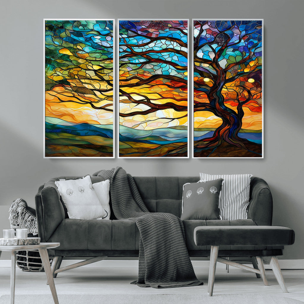 Vibrant Mosaic Tree of Life Wall Art, Stained Glass Style Canvas Print