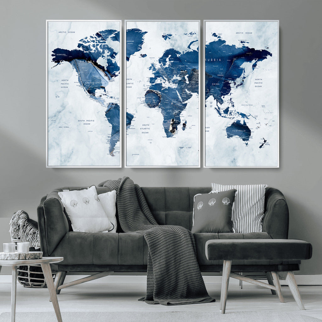 Modern Blue World Map Canvas Print | Elegant Travel Map Wall Art for Home Office