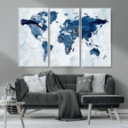 Modern Blue World Map Canvas Print | Elegant Travel Map Wall Art for Home Office