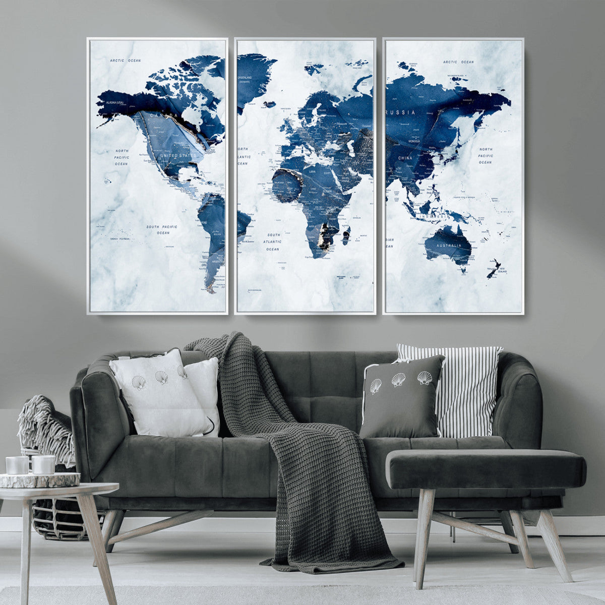 Modern Blue World Map Canvas Print | Elegant Travel Map Wall Art for Home Office
