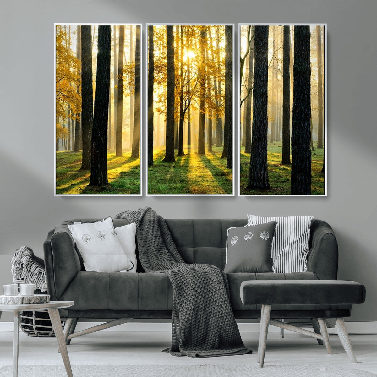 Sunlit Forest Wall Art Canvas Print, Large Framed Woodland Scene with Golden Light