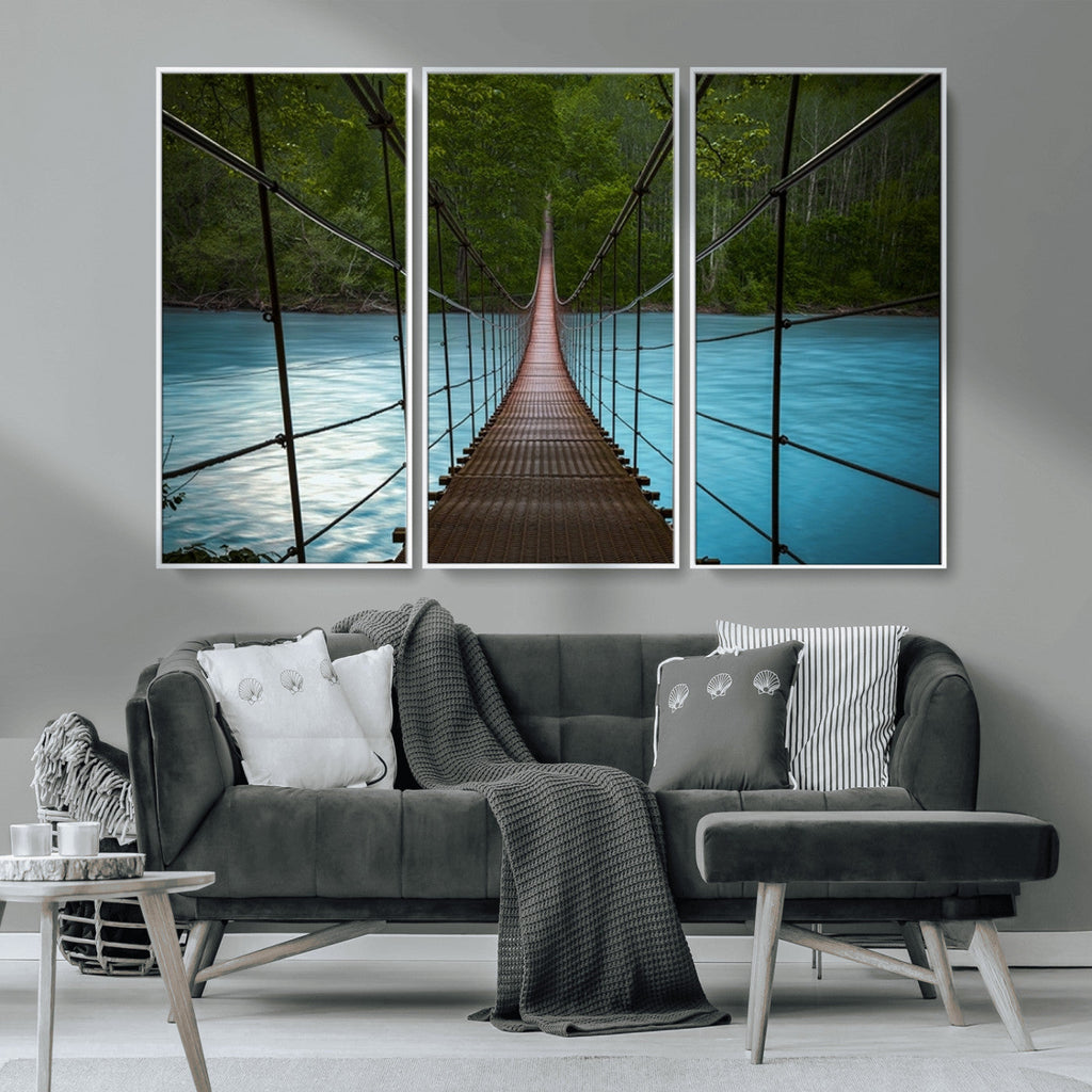 Suspension Bridge Over River Canvas Art | 3-Panel Nature Wall Art