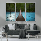 Suspension Bridge Over River Canvas Art | 3-Panel Nature Wall Art