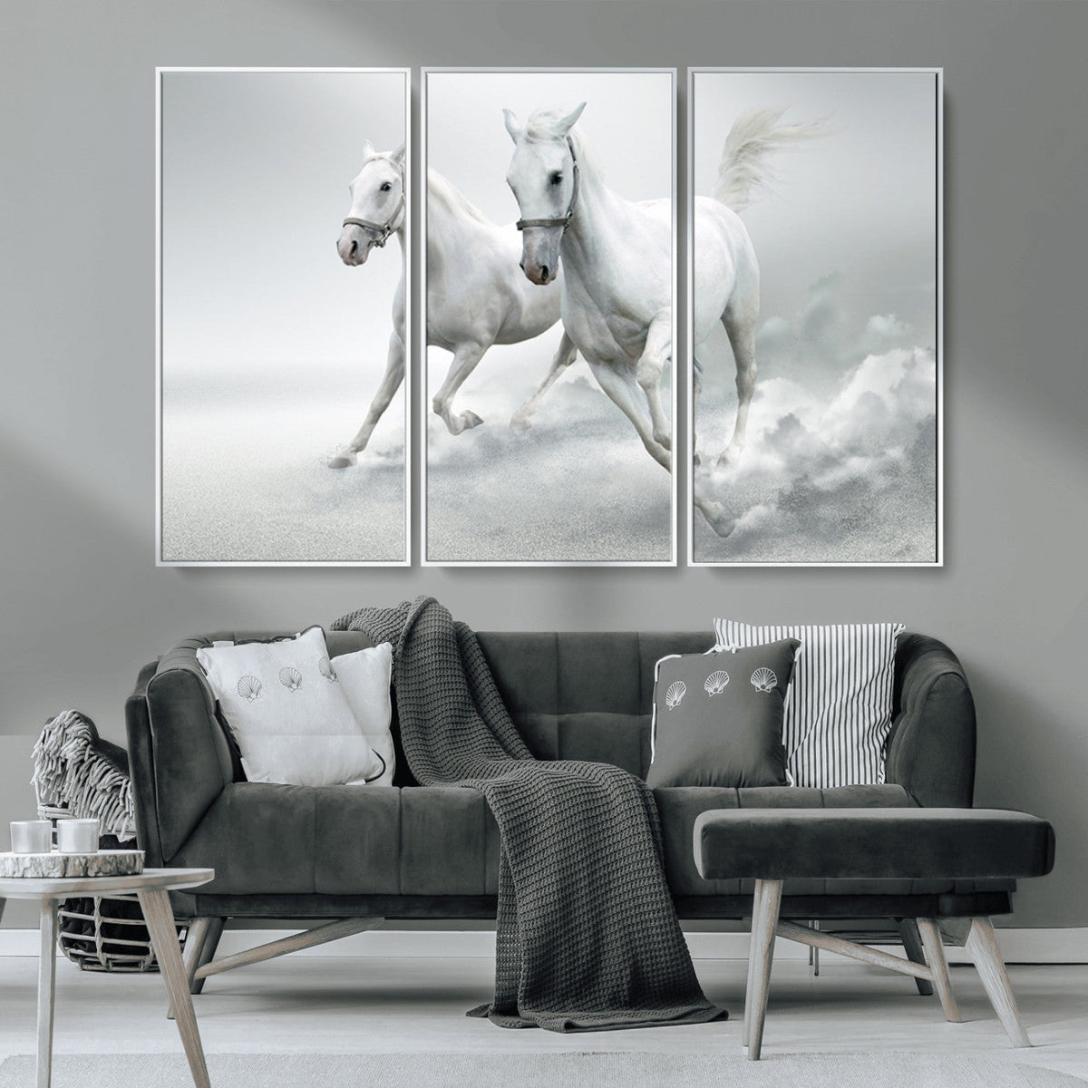 Large Wall Art Canvas Print, Beautiful Running White Horses