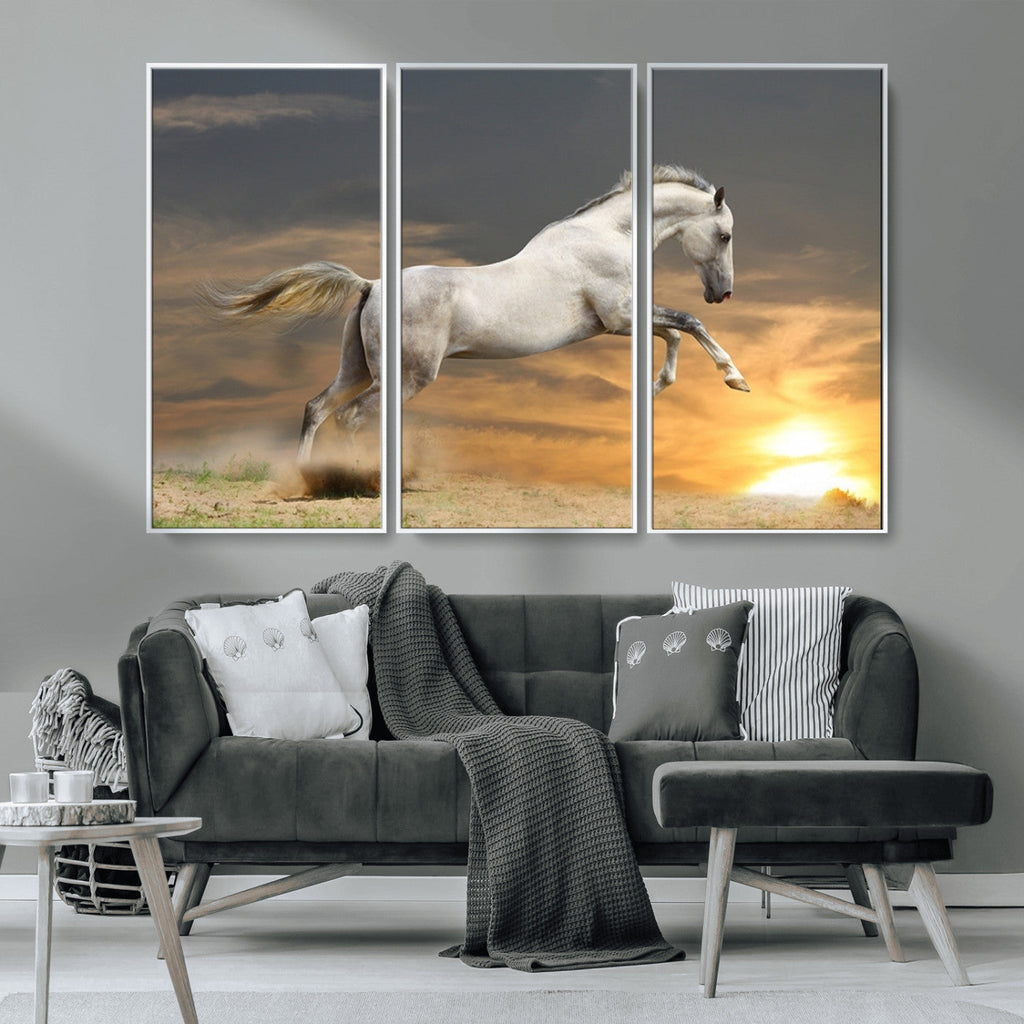 Large Wall Art Canvas Print, White Jumping Horse at Sunset