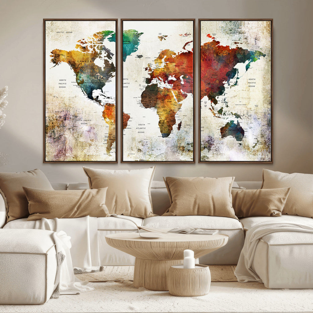 Watercolor World Map Canvas Print | Framed Travel Map Wall Art for Couples
