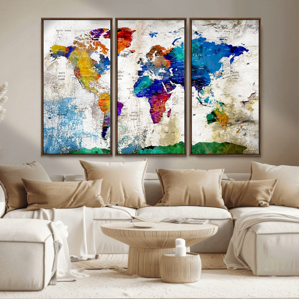 Navy Blue and Orange Watercolor World Map Canvas Print | Framed Travel Map