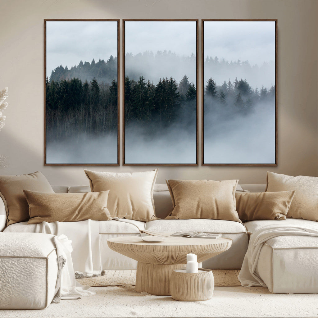 Autumn and Misty Trees in the Forest Wall Art Canvas Print, Foggy Forest Mountain Wall Art