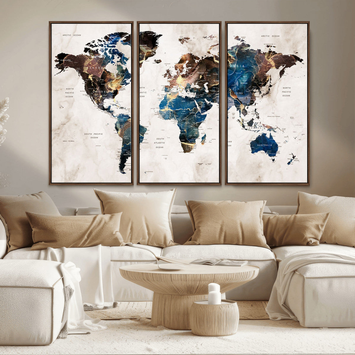 Abstract Earth Tone Blue World Map Canvas Print | Framed Travel Map Wall Art