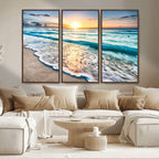 Sunset Beach Waves Canvas Wall Art | Ocean Sunset Coastal Print