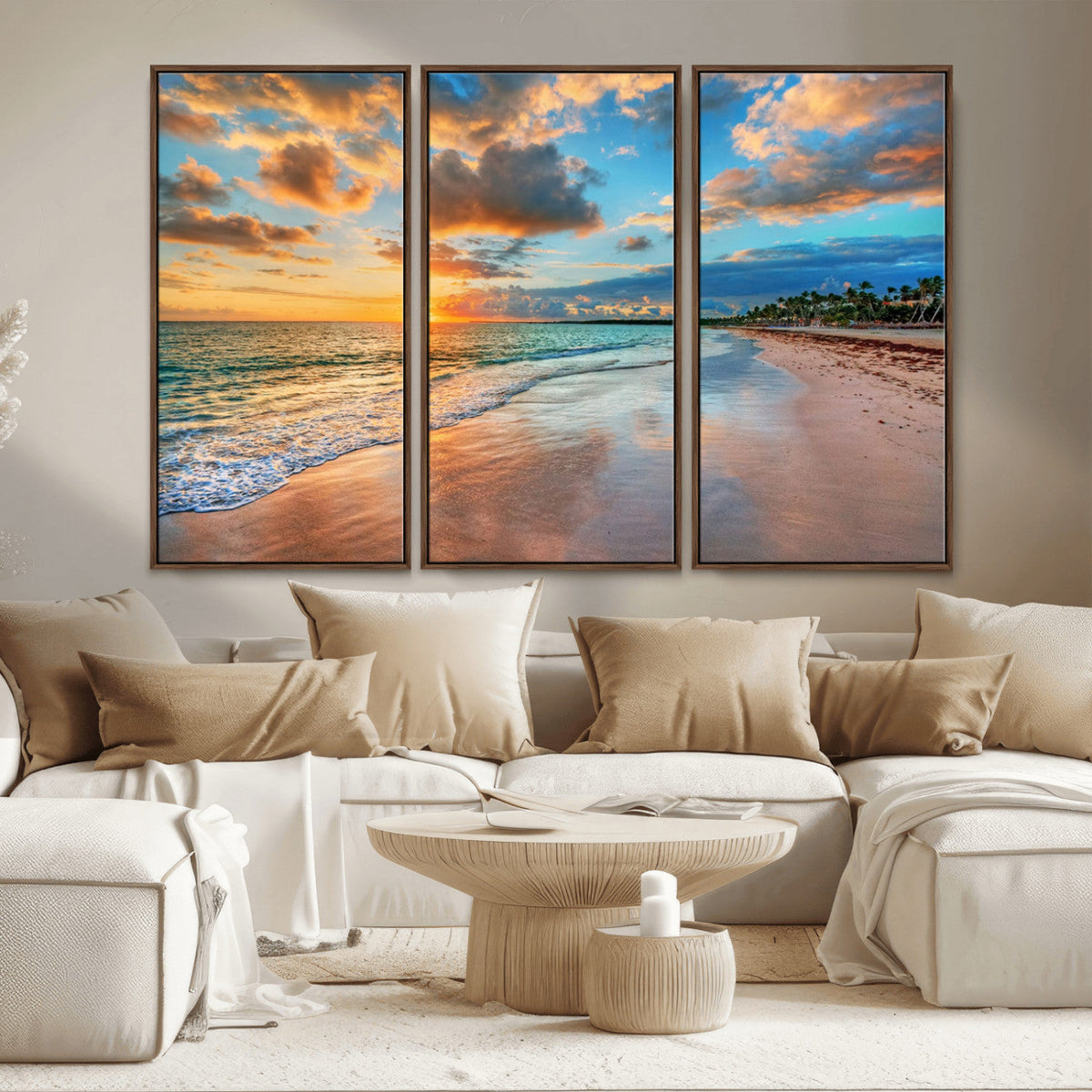 Sunset Beach Canvas Wall Art | Tropical Triptych Seascape Print