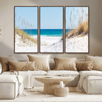 Serene Coastal Dune Path with Ocean View, 3-Panel Beach Canvas Wall Art