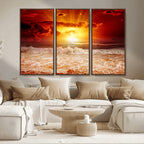 Red Sunset Ocean Beach Canvas Wall Art, Coastal Sunset Print