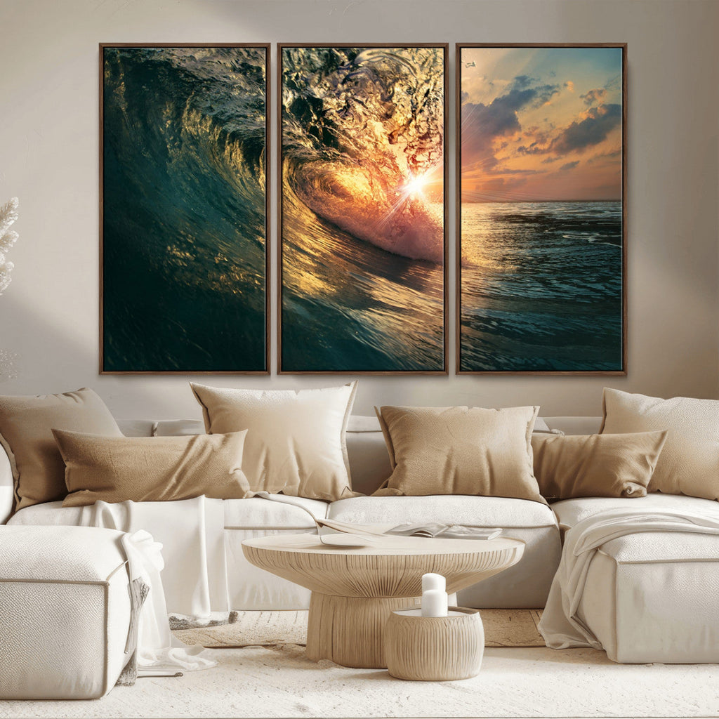 Ocean Wave Sunset Canvas Wall Art | Triptych Seascape Print