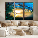 Ocean Wave at Sunset Canvas Art, Large Wall Print of Vibrant Surfing Wave