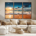 Golden Sunset Beach Triptych Canvas Art, Giclee Coastal Wall Decor, Ocean Waves Print