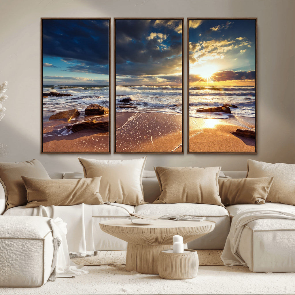 Golden Hour Beach Sunset Canvas Triptych, Ocean Waves and Rocks Wall Art