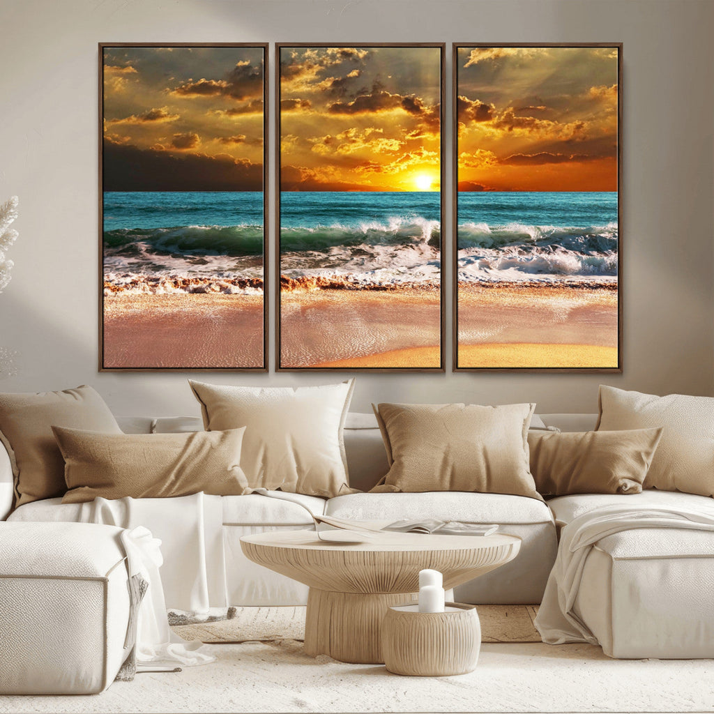 Golden Sunset Beach Canvas Wall Art | Triptych Seascape Print, Framed and Ready to Hang