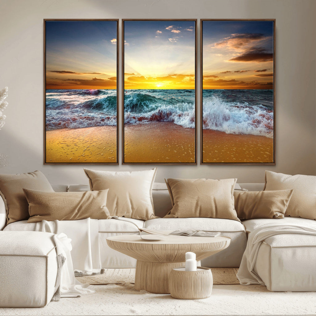 Golden Sunset Ocean Waves Wall Art Canvas Print | Multi Panel Beach Canvas Set, Coastal Triptych
